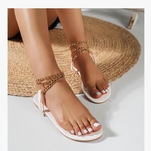 Greek Goddess White Clear Open Toe Gold Chain Lace Up Sandals US 12 / 12.5